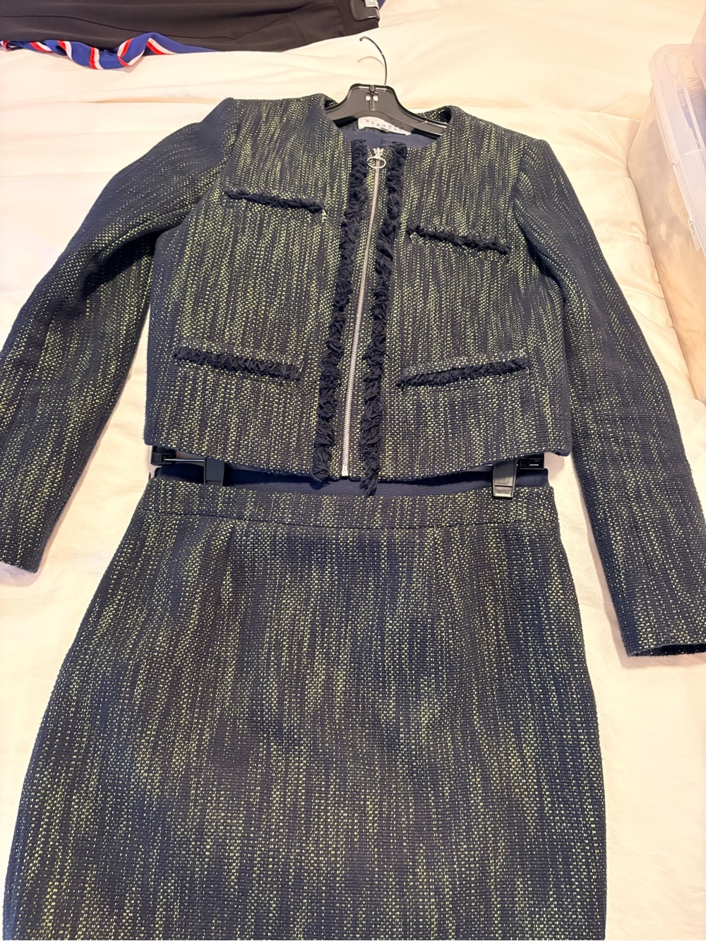 Women's French Tweed suit jacket + skirt in Navy and bright green - Cropped fit